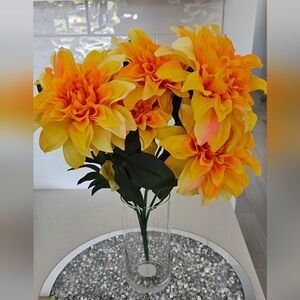 Bouquet Long Stem Faux Artificial Yellow Dahlia Flowers Home Accent Decor